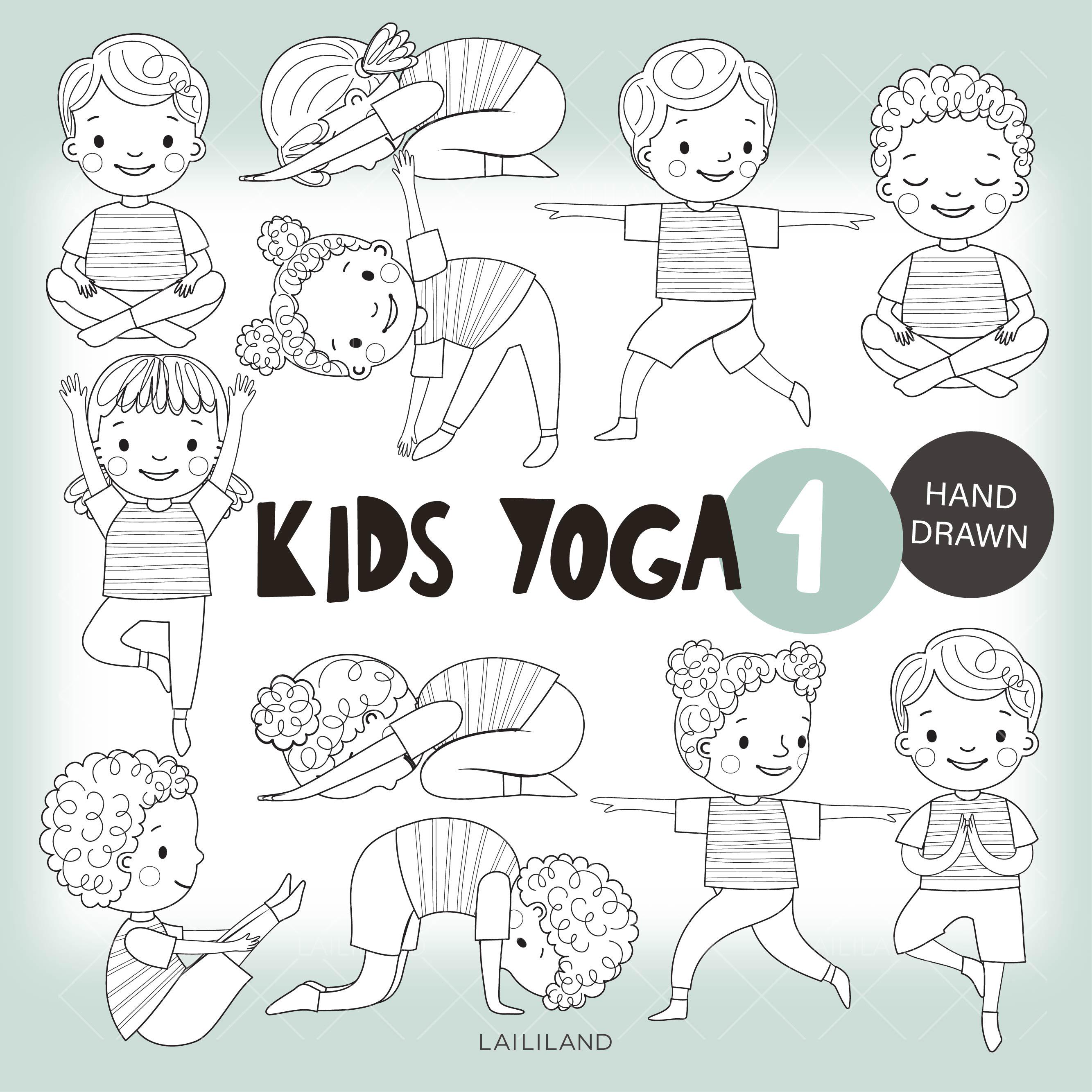 Kids Yoga Clipart: Black and White Yoga Poses, Line Art illustrations (Digital Download)