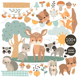 Animais da floresta clipart, animais da floresta clip art, animal desenhado à mão clipart, download digital, uso pessoal e comercial 011