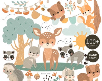 May include: A set of 100+ hand-drawn woodland animal illustrations, including a deer, raccoon, squirrel, rabbit, hedgehog, and bear. The illustrations are in a cute cartoon style and feature a variety of colors, including brown, gray, orange, and green. The set also includes various woodland elements, such as trees, mushrooms, acorns, and leaves.