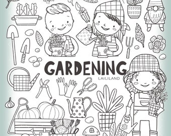 Gardening Black and White Clipart: Kids Hobbies Line Art (Digital Download)