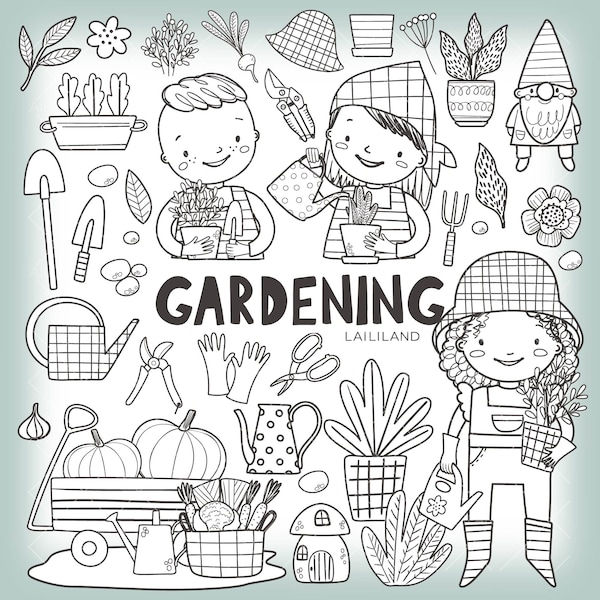 Gardening black white clipart, gardening supplies doodle clip art, digital download, kids line art, Personal and Commercial use 001