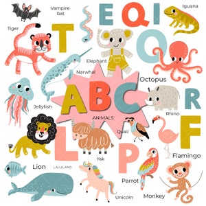Clipart de alfabeto animal, clipart ABC, arquivos png de animais fofos, clipart de alfabeto, download digital, uso pessoal e comercial 011