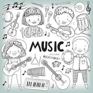 Musik Schwarzweiß Clipart, Musikinstrumente Doodle Clipart, Kinder Hobby Line Art Clipart, Personale und Kommerzielle Nutzung 001