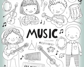 Musical Instruments Doodle Clipart: Kids Hobby Line Art (PNG, EPS, SVG)
