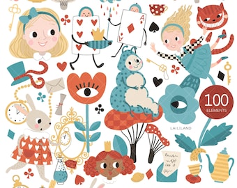 Może przedstawiać: Zestaw 100 kolorowych ilustracji przedstawiających postacie i przedmioty z Alicji w Krainie Czarów. Zestaw zawiera Alicję, Kota z Cheshire, Szalonego Kapelusznika, Królową Kier, karty do gry, czajnik, zegar, grzyb, gąsienicę i wiele innych. Ilustracje idealnie nadają się do tworzenia kapryśnych rękodzieł, scrapbookingu lub dodania odrobiny fantazji do każdego projektu.