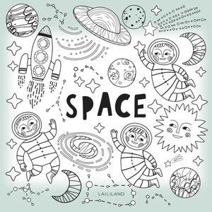 Weltraum Schwarz Weiß Clipart, Astronaut Doodle Clip Art, Weltraum Linie Kunst Png Dateien, digitaler Download, persönlicher und kommerzieller Gebrauch 041