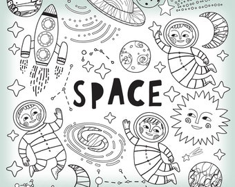 Space Doodle Clipart: Black and White Children Astronaut, Planets, Line Art (Digital Download)