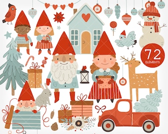 Gnomo navideño: árbol, camión y regalo (archivos PNG y EPS) (descarga digital)