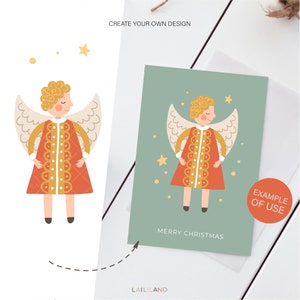 Puede incluir: Una ilustraci&oacute;n digital de un &aacute;ngel de Navidad con cabello amarillo, un vestido rojo y dorado y alas blancas. El &aacute;ngel est&aacute; de pie sobre un fondo verde con estrellas doradas. El texto "Feliz Navidad" est&aacute; debajo del &aacute;ngel.