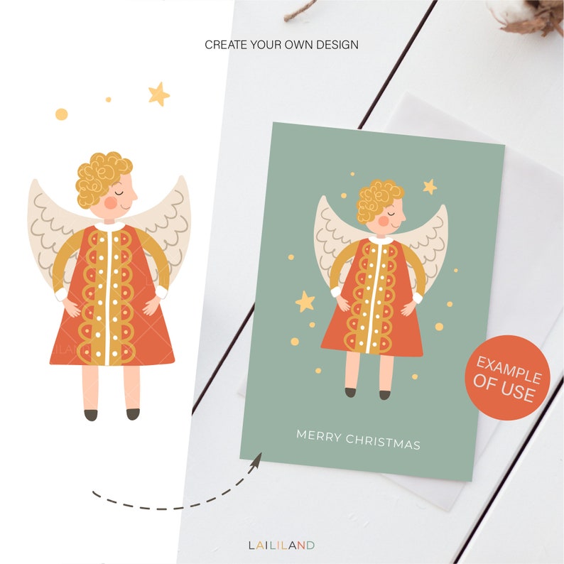Puede incluir: Una ilustraci&oacute;n digital de un &aacute;ngel de Navidad con cabello amarillo, un vestido rojo y dorado y alas blancas. El &aacute;ngel est&aacute; de pie sobre un fondo verde con estrellas doradas. El texto "Feliz Navidad" est&aacute; debajo del &aacute;ngel.