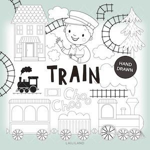 Imágenes prediseñadas de tren en blanco y negro, imágenes prediseñadas de garabatos de fiesta de cumpleaños de tren dibujadas a mano, descarga digital, uso personal y comercial 034