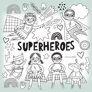 スーパーヒーローの白黒クリップアート、スーパーヒーローの落書きクリップアート、女の子と男の子のスーパーヒーローの線画、デジタルダウンロード、個人および商用利用 002