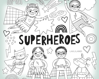 Superhero Doodle Clipart: Kids Superheroes Black and White Line Art (Digital Download)