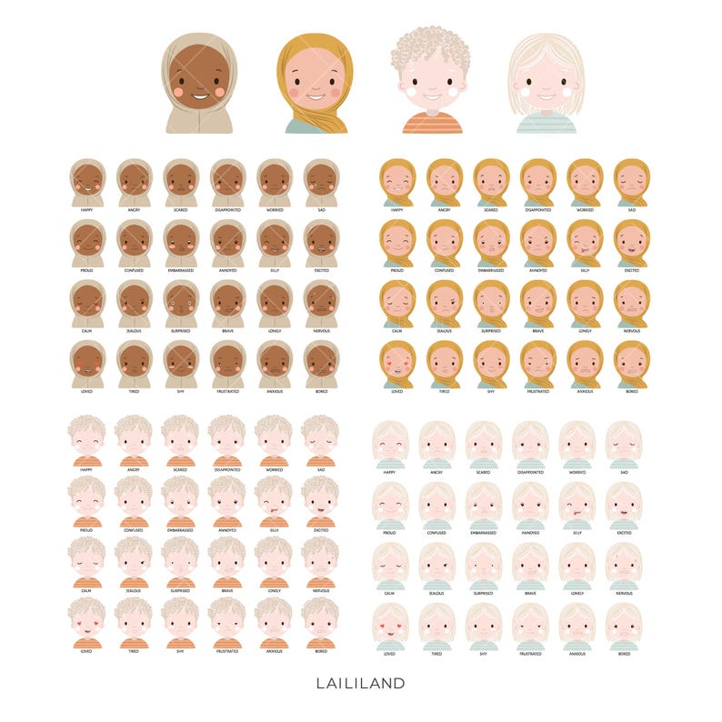 May include: A set of 90 digital illustrations featuring various facial expressions of people with different skin tones and hairstyles. The illustrations are in a cartoon style and are perfect for creating animated characters or adding personality to your designs.