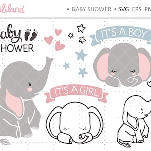 May include: A set of digital clipart images featuring cute baby elephants, stars, hearts, and banners with the text "It's a Boy" and "It's a Girl". The images are perfect for baby shower invitations, cards, and other crafts.