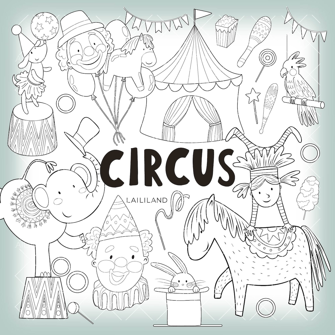 Circus Doodle Clipart, Black and White Clipart, Digital Download ...