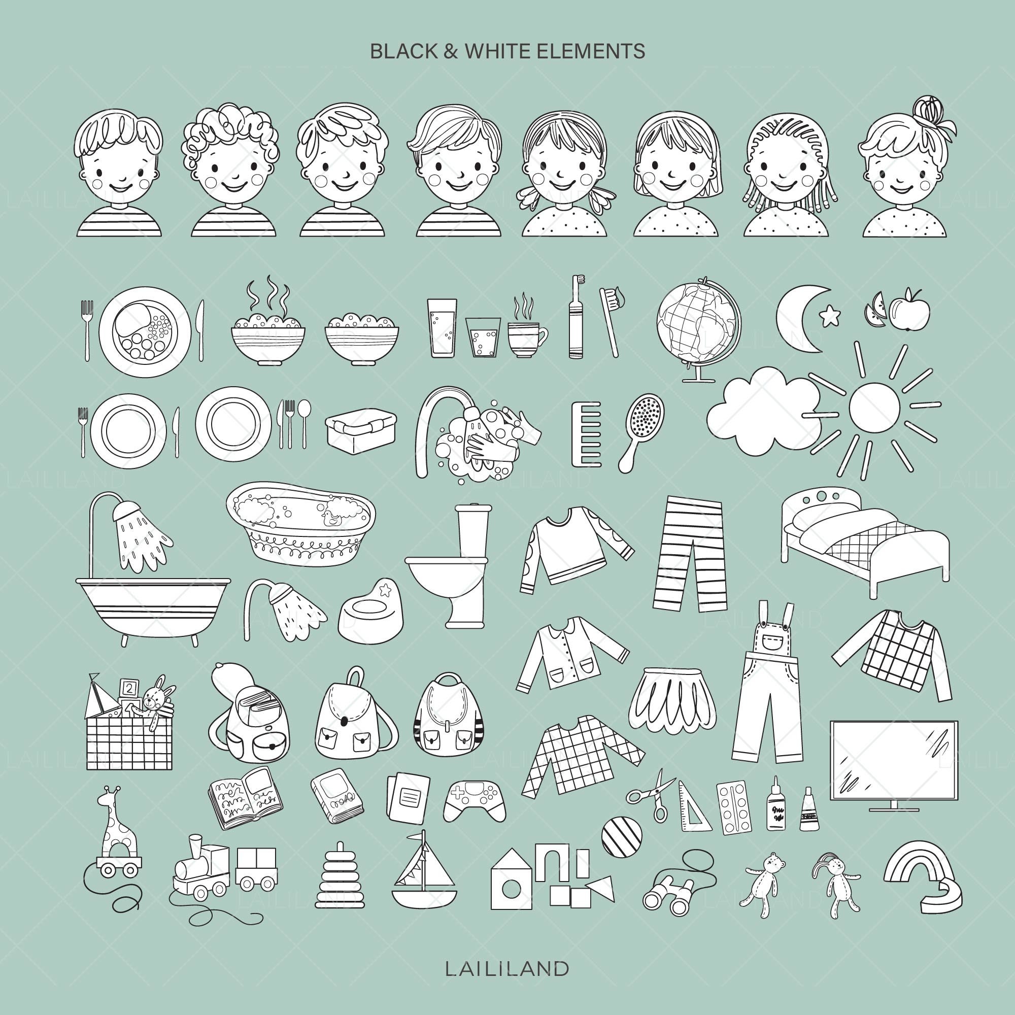Kids Daily Routine Black and White Clipart: Morning, Evening Doodle Art ...