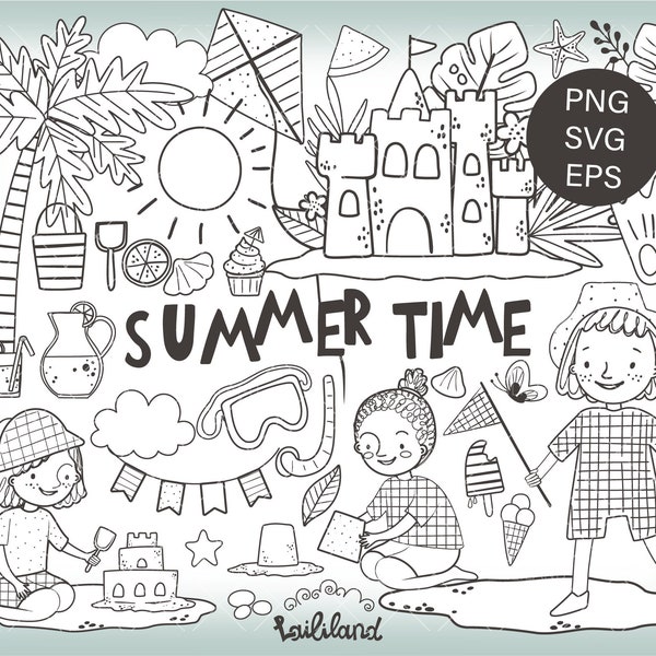 Sommer Clipart, Sommerzeit schwarz und weiß Png-Dateien, Kinder Doodle Clipart, digitale Stempel, digitaler Download, persönliche und kommerzielle Nutzung