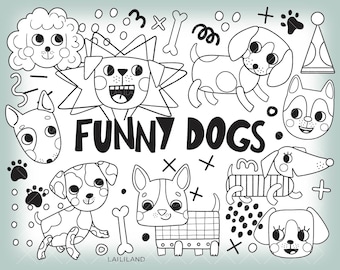 Clipart di scarabocchi di cani: disegno in bianco e nero (download digitale)