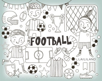 Football Doodle Clipart: Black and White Soccer Graphics (Digital Download)