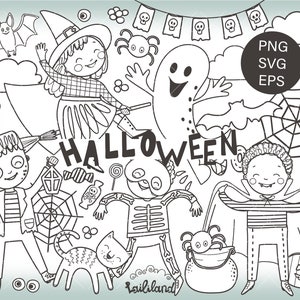 Halloween preto e branco clipart, halloween crianças doodle clipart, halloween clipart, download digital, uso pessoal e comercial 017