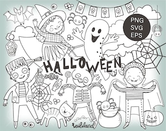 May include: Black and white line art illustration of Halloween characters including a witch, a ghost, a vampire, a Frankenstein, a skeleton, a spider, a cat, a pumpkin, and a candy bag. The illustration includes the word "HALLOWEEN" in large letters.