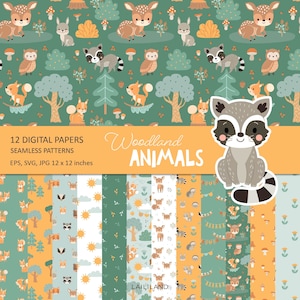 Woodland animals digital paper Cute baby animal seamless pattern Forest digital background Digital download Personal and Commercial use 011