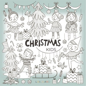 Weihnachten Kinder Schwarzweiß Clipart, Weihnachten Doodle Clip Art, Neujahr Linie Kunst png, digitaler Download, persönlicher und kommerzieller Gebrauch 021