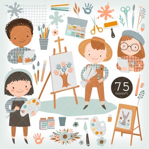 Op de afbeelding: Een set van 75 illustraties met kunstthema, met kinderen, kwasten, verfpaletten, ezel en andere kunstbenodigdheden. De illustraties zijn in cartoon-stijl en hebben felle kleuren.