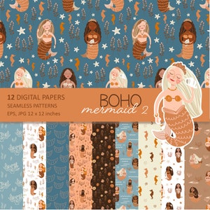 Mermaid digital paper, boho digital paper, seamless patterns, boho seamless patterns, sea digital paper, Personal & Commercial use 024