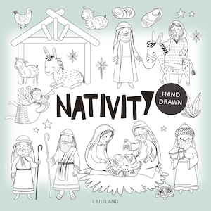 Kerststal zwart-wit clipart, Maria, Jozef en het kindje Jezus doodle png-bestanden, Heilige familie doodle clipart persoonlijk commercieel gebruik 021