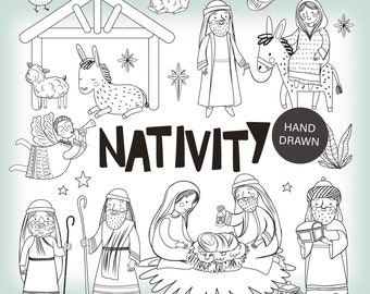 Nativity scene black and white clipart, Mary, Joseph and baby Jesus doodle png files, Holy family doodle clipart Personal Commercial use 021