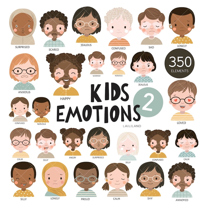 May include: A chart featuring illustrations of children's faces displaying various emotions. The chart is titled "Kids Emotions 2" and contains 350 elements. The emotions depicted include surprised, scared, jealous, confused, sad, lonely, anxious, happy, worried, nervous, loved, calm, silly, angry, proud, and annoyed.