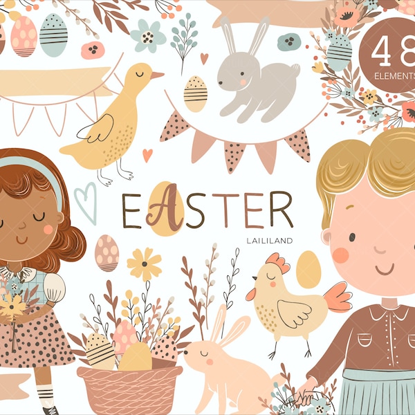 Pasen clipart, Easter kid png-bestanden, lente clip art, bunny png, duck png, digitale download, persoonlijk en commercieel gebruik 029