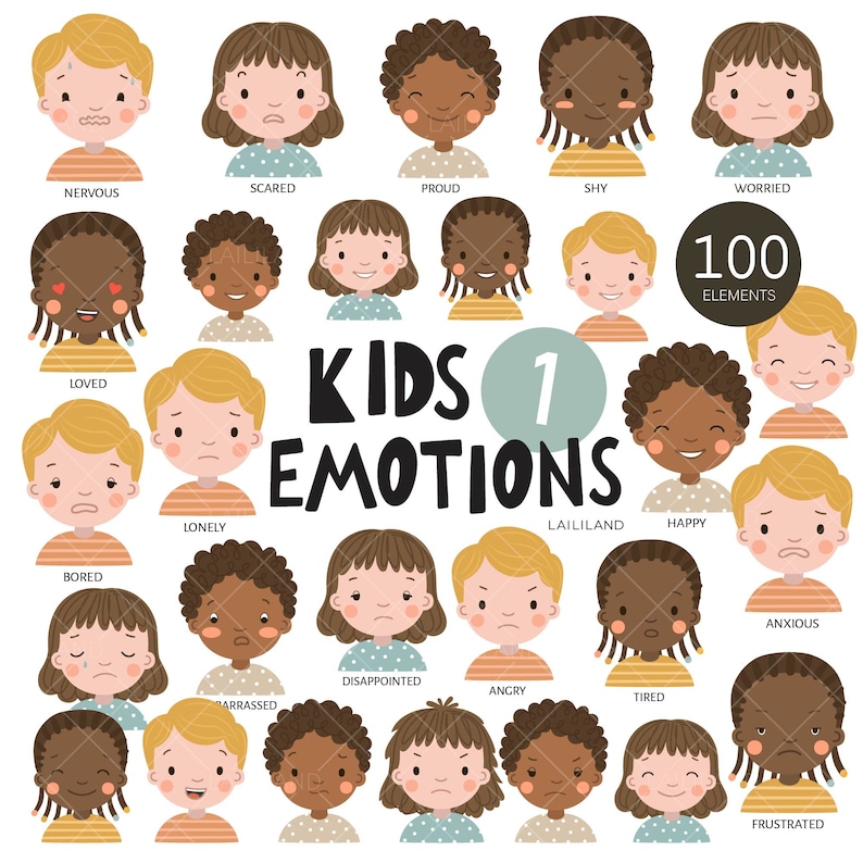 May include: A set of 100 colorful illustrations of children's faces expressing different emotions. The illustrations are organized in a grid with each emotion labeled below. The emotions include happy, sad, angry, scared, nervous, worried, bored, lonely, loved, tired, embarrassed, disappointed, anxious, and frustrated.