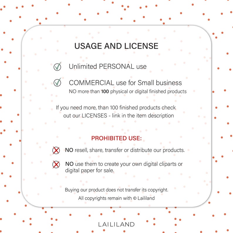 May include: A white and red check pattern background with a white box containing the text "USAGE AND LICENSE". The text describes the terms of use for a digital product, including unlimited personal use, commercial use for small businesses with a limit of 100 finished products, and prohibited uses such as reselling or distributing the product.