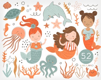 Mermaid Clipart, Ocean Sea Life Graphics (Digital Download)