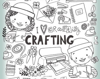 Crafting doodle clipart: kinderhobby zwart-witte lijn (PNG, EPS, SVG)