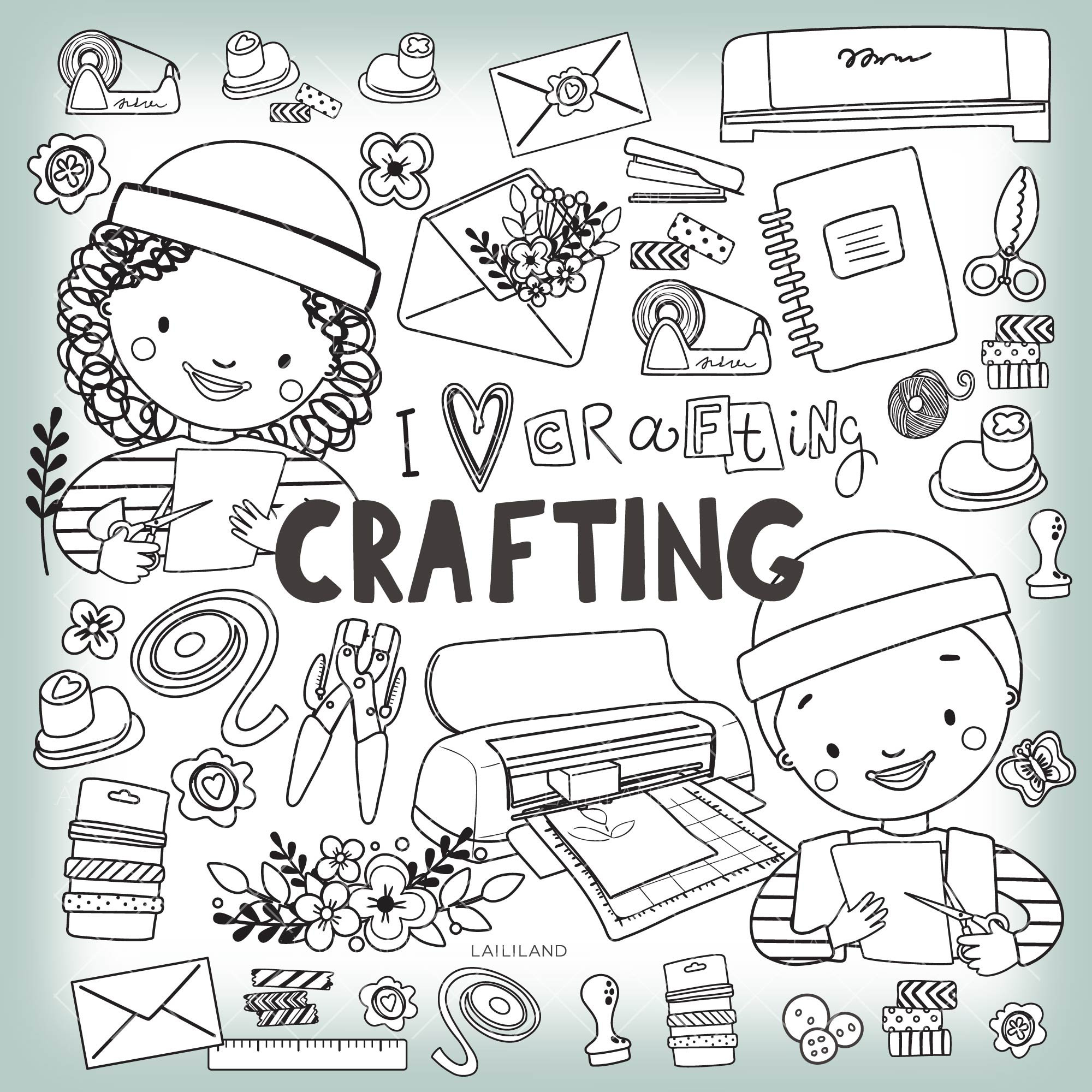 Crafting Doodle Clipart: Kids Hobby Black and White Line (PNG, EPS, SVG) -  Etsy, image size:2000x2000