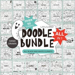 Zwart-witbundel, alle doodle cliparts in één, grote set illustraties in één, digitale download, persoonlijk en commercieel gebruik