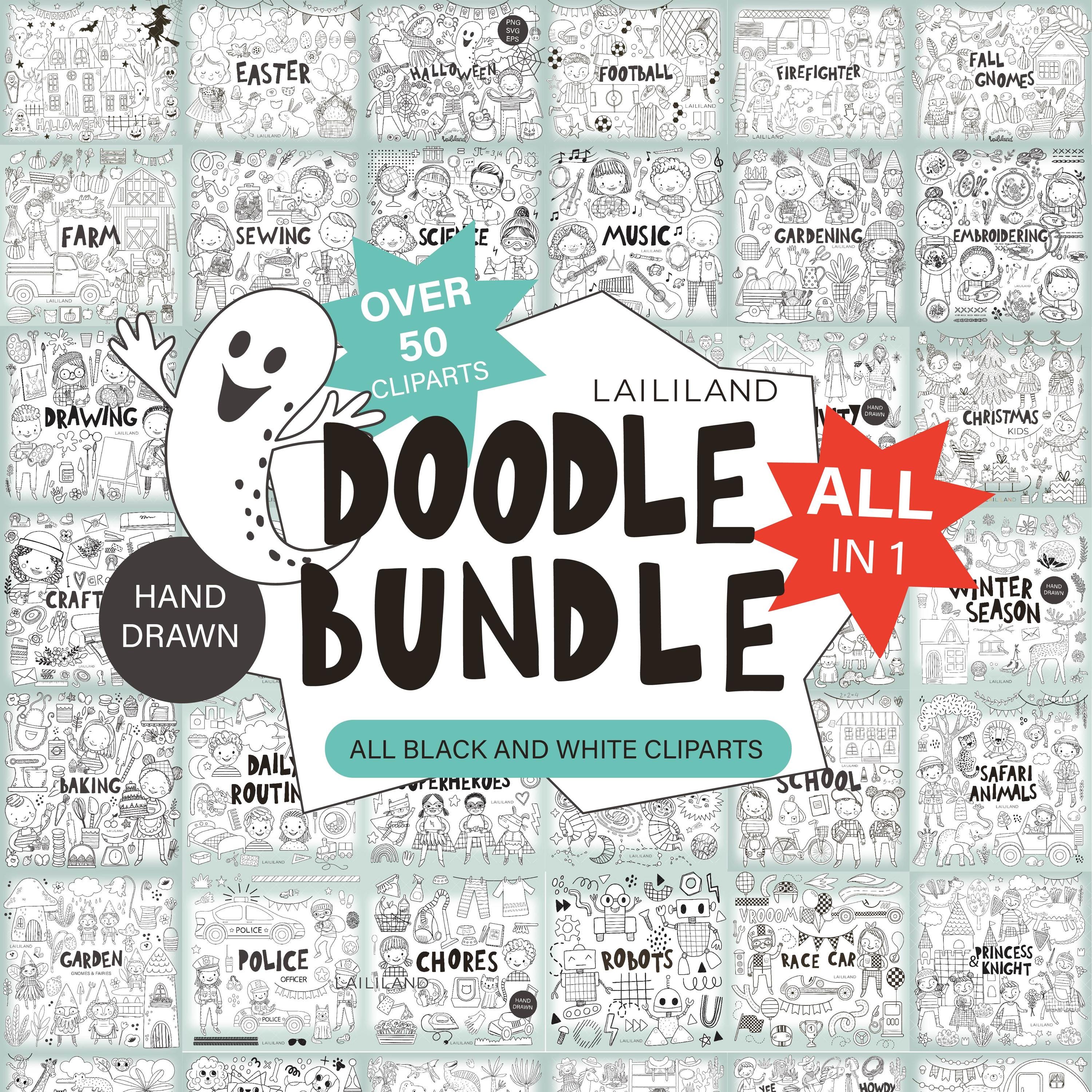 落書きバンドル: すべて白黒のクリップアートを 1 つにまとめたもの (デジタル ダウンロード) - Etsy 日本, image size:3000x3000