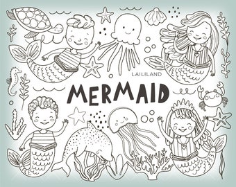 Mermaid Black and White Clipart: Sea Life Doodle PNG and EPS Files (Digital Download)