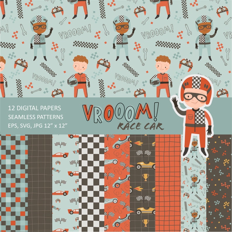 Race Car Digital Paper: Kids Seamless Pattern (JPG, EPS, SVG) - Etsy