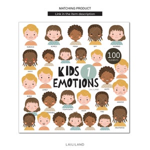 May include: A chart with illustrations of children's faces expressing different emotions. The chart is titled "Kids Emotions" and includes words like "happy", "sad", "angry", "tired", and "nervous".