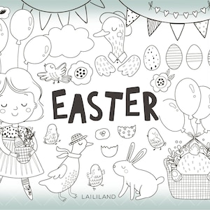 Clipart noir et blanc de Pâques, Pâques enfants doodle clipart, dessin au trait lapin de Pâques png, téléchargement numérique, usage personnel et commercial 029