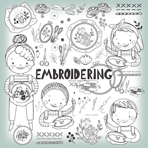 Borduurwerk zwart-wit clipart, borduurwerk doodle illustraties, borduurbenodigdheden geschetst png-bestanden, persoonlijk en commercieel gebruik 001