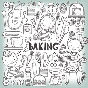 May include: Black and white line art illustration of baking themed items, including a mixer, rolling pin, cake, cupcakes, and two children. The text "BAKING" is featured in the centre of the image.