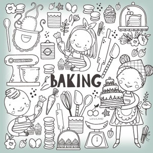 Baking doodle clipart, baking supplies clipart, baking clipart, black and white clipart, digital download, Personal and Commercial use, 001