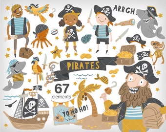 Pirate clipart, pirate party clipart, cute pirates illustration, digital download, pirate ship, pirate boy, Personal & Commercial use 010