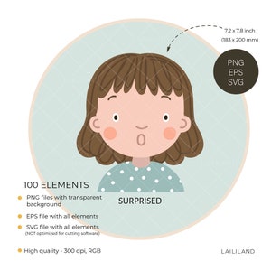 May include: A digital illustration of a surprised girl with brown hair and a blue and white polka dot shirt. The image is labeled "SURPRISED" and includes information about the file types and sizes available for download. The text "100 ELEMENTS" and "High quality - 300 dpi, RGB" are also included in the image.
